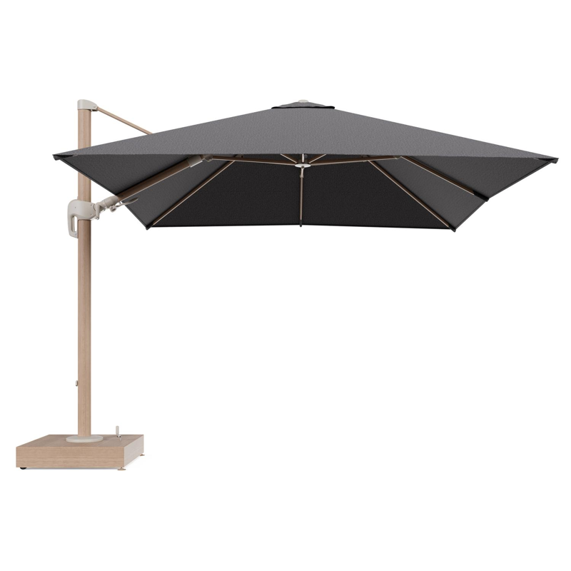 Rufina zweefparasol met tiltfunctie in houtlook aluminium en Firenze Tunder All Weather Solica parasoldoek - L1 300 x L2 300 cm met parasolvoet Minore 150 kg met wielen