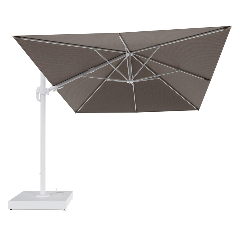 Rufina zweefparasol met tiltfunctie in wit aluminium en Firenze Earth All Weather Solica parasoldoek - L1 400 x L2 300 cm met parasolvoet Minore 260 kg met wielen