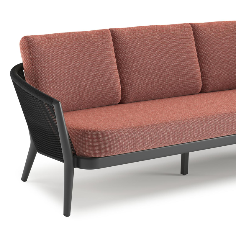 Orso loungebank in zwart aluminium en zwart verticaal geweven ronde rope met Slow Alezan all weather sunbrella® luxe kussen