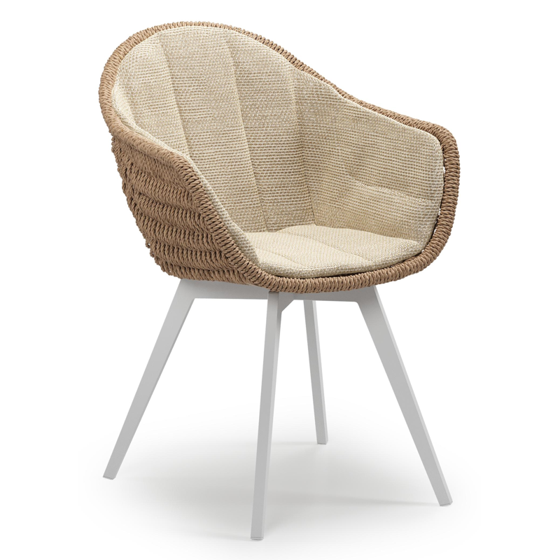 Pagino tuinstoel in wit aluminium en naturel ronde wicker met zitkussen in All Weather Cosytica Althea Camel