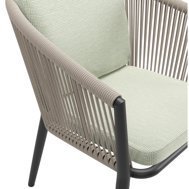 Orso tuinstoel in zwart aluminium en beige verticaal geweven ronde rope met luxe zitkussen in All Weather Sunbrella® Luxe Slow Spirea