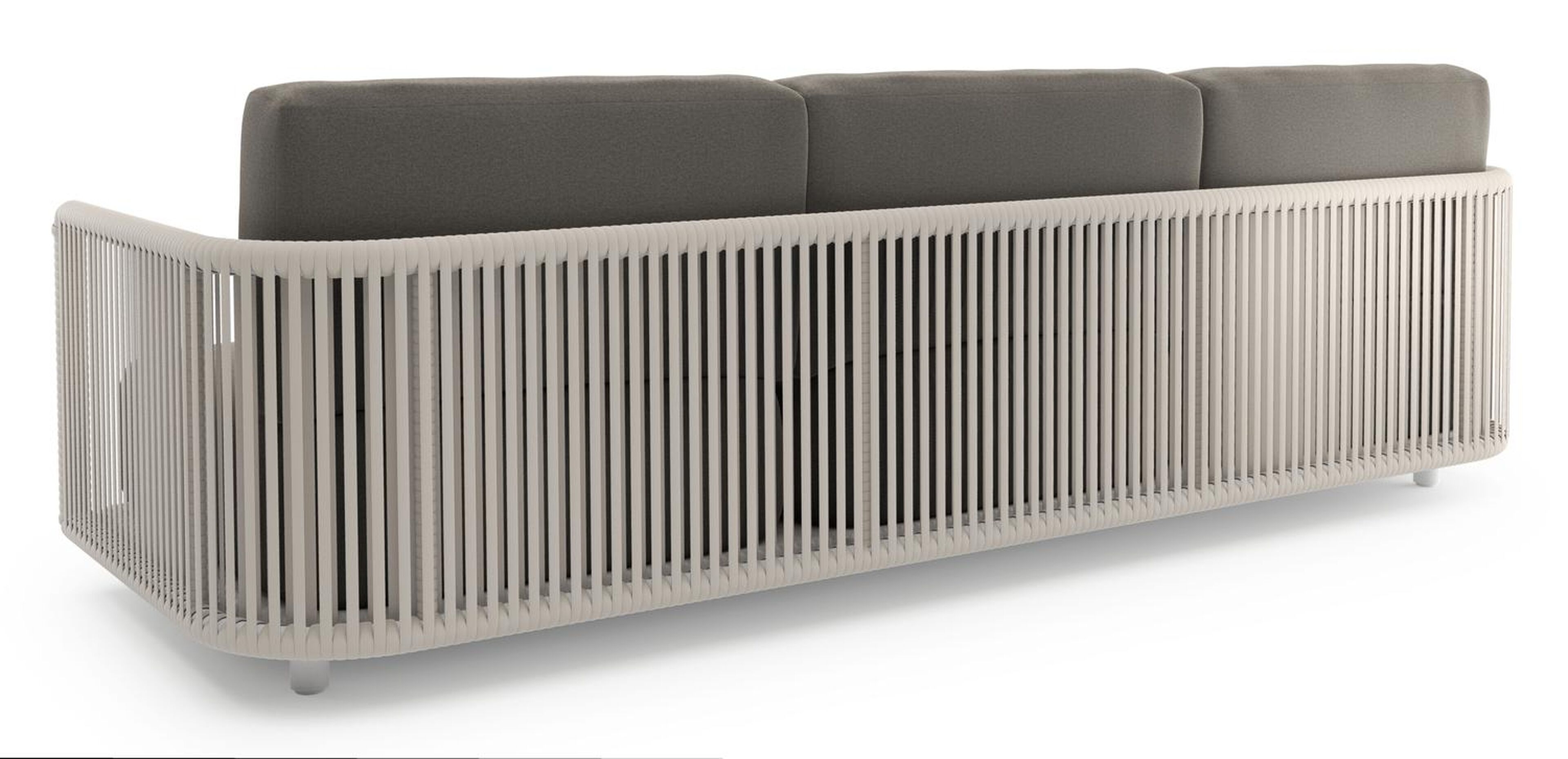 Canapé de jardin Organo en aluminium blanc et corde luxe plate tissée verticalement beige et coussin en all weather Sunbrella® luxe natte dark taupe
