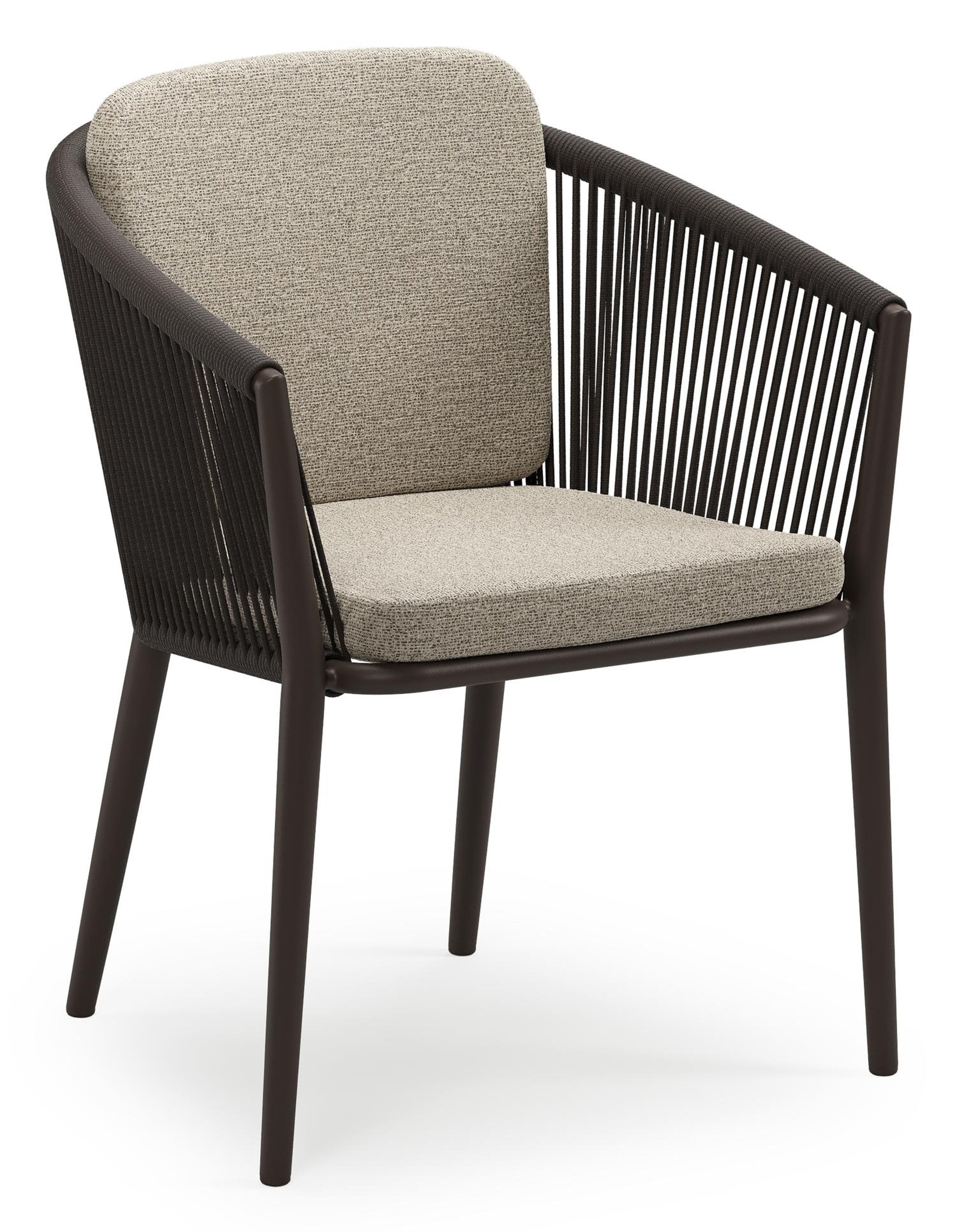 Chaise de jardin empilable Orso en aluminium brun foncé et corde ronde tissée verticalement brun foncé avec coussin en All Weather Cosytica Catania Beige
