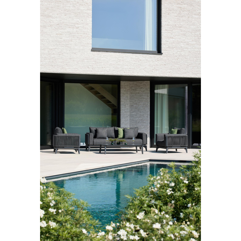 Mosa loungeset in zwart aluminium en zwart gedraaide ronde wicker met sky black weather+ softtouch kussens