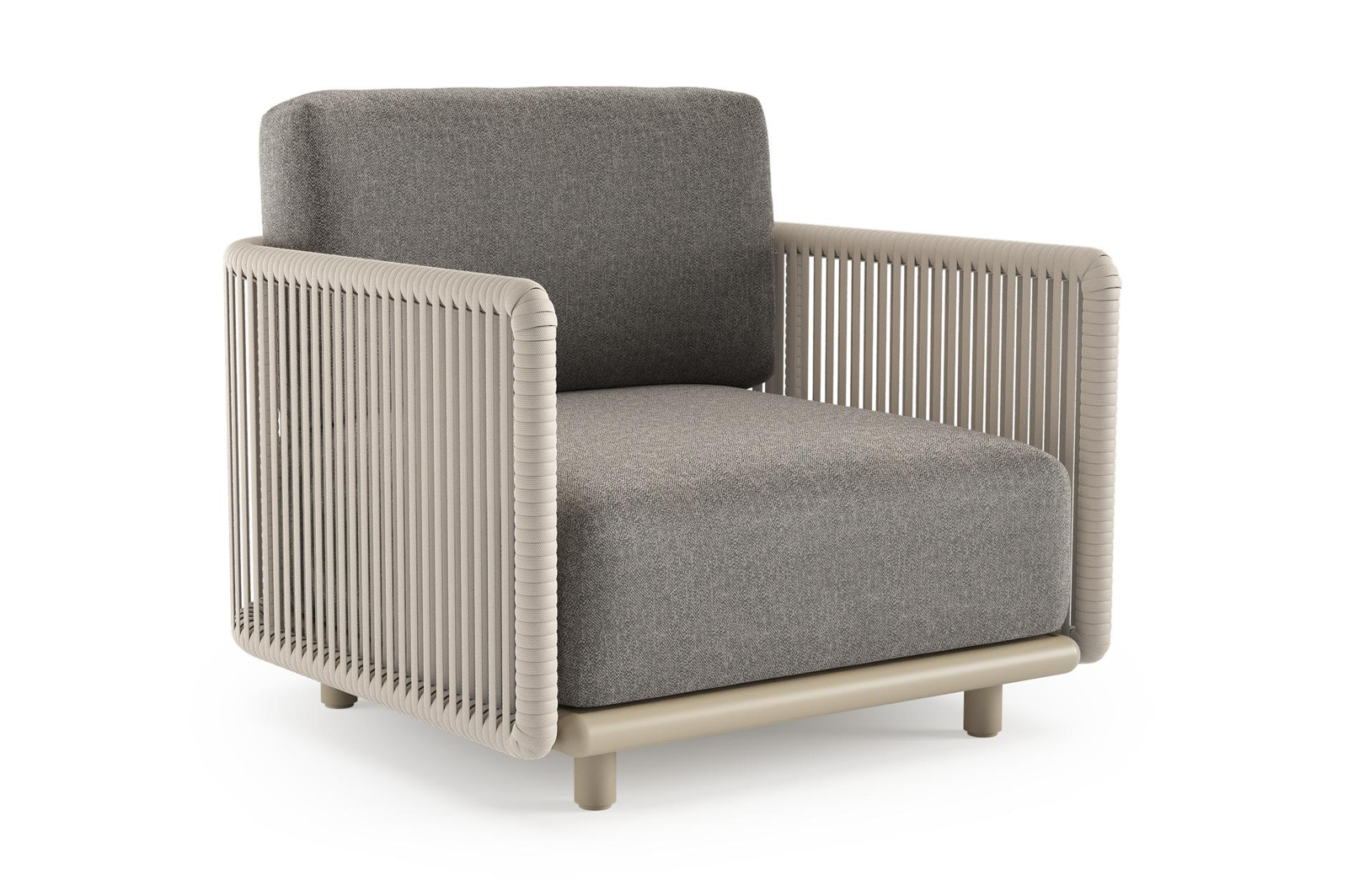 Organo loungestoel in beige aluminium en beige verticaal geweven luxe vlakke rope met chartres drizzle all weather Sunbrella® luxe kussen