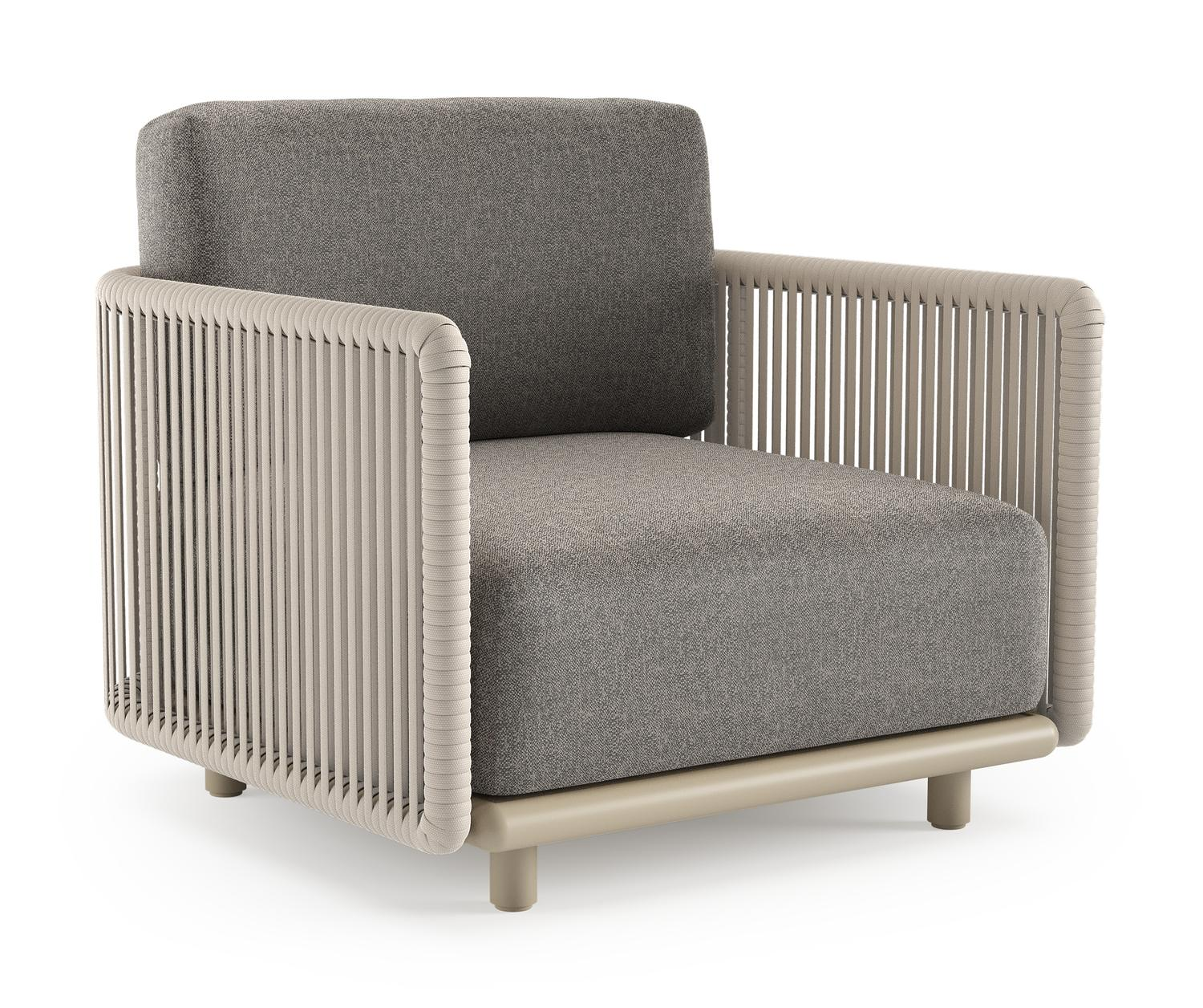 Organo loungestoel in beige aluminium en beige verticaal geweven luxe vlakke rope met chartres drizzle all weather Sunbrella® luxe kussen