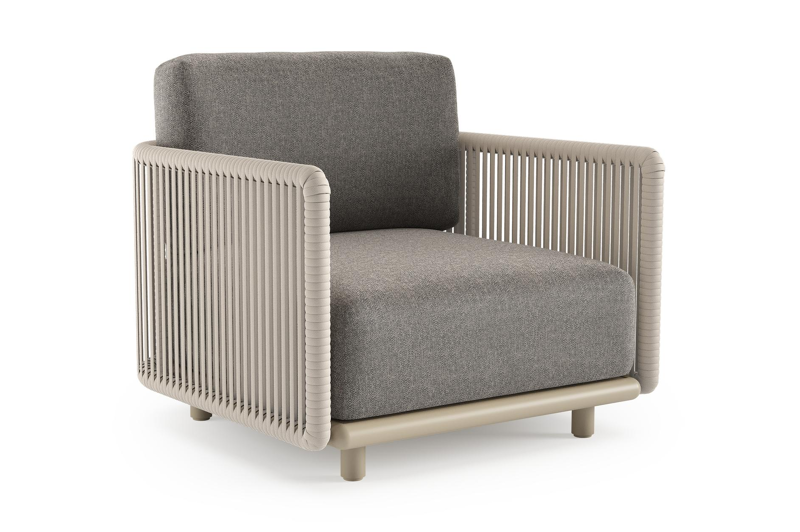 Organo loungestoel in beige aluminium en beige verticaal geweven luxe vlakke rope met chartres drizzle all weather Sunbrella® luxe kussen