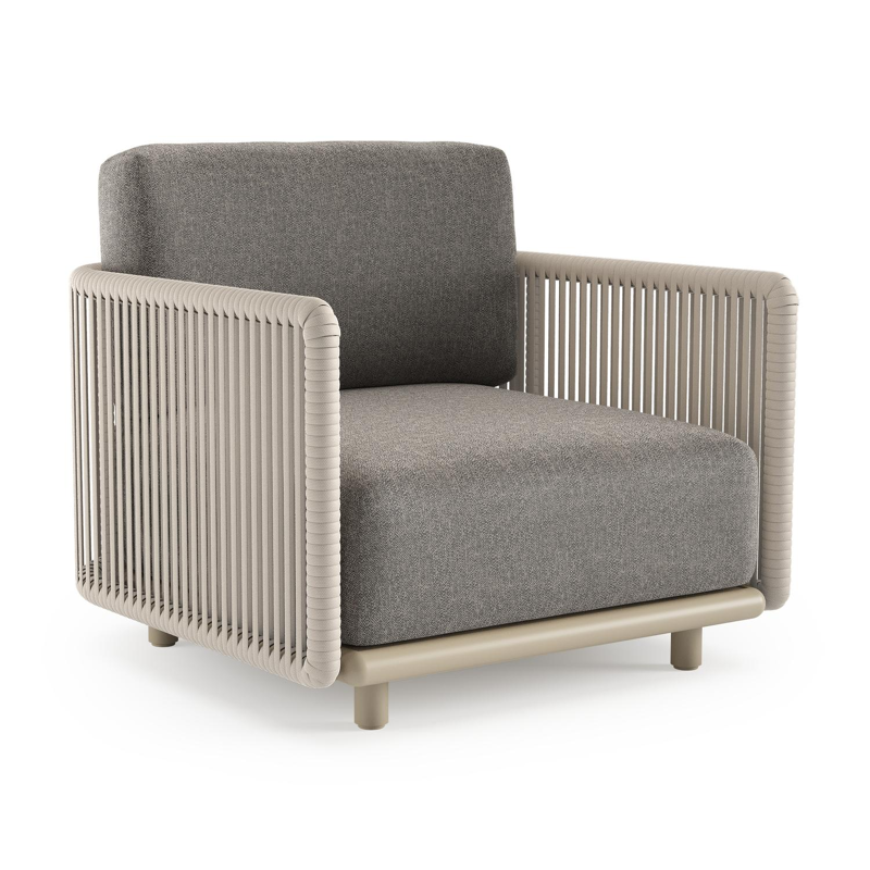 Fauteuil de jardin Organo en aluminium beige et corde luxe plate tissée verticalement beige et coussin en all weather Sunbrella® luxe chartres drizzle