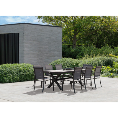 Ensemble de jardin Reza en aluminium noir avec plateau de table en céramique pleine gris et 8 chaises de jardin empilables Calobra