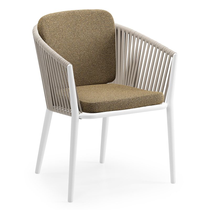 Chaise de jardin Orso en aluminium blanc et corde plate tissée verticalement beige avec coussin en All Weather Cosytica Madagascar Walnut
