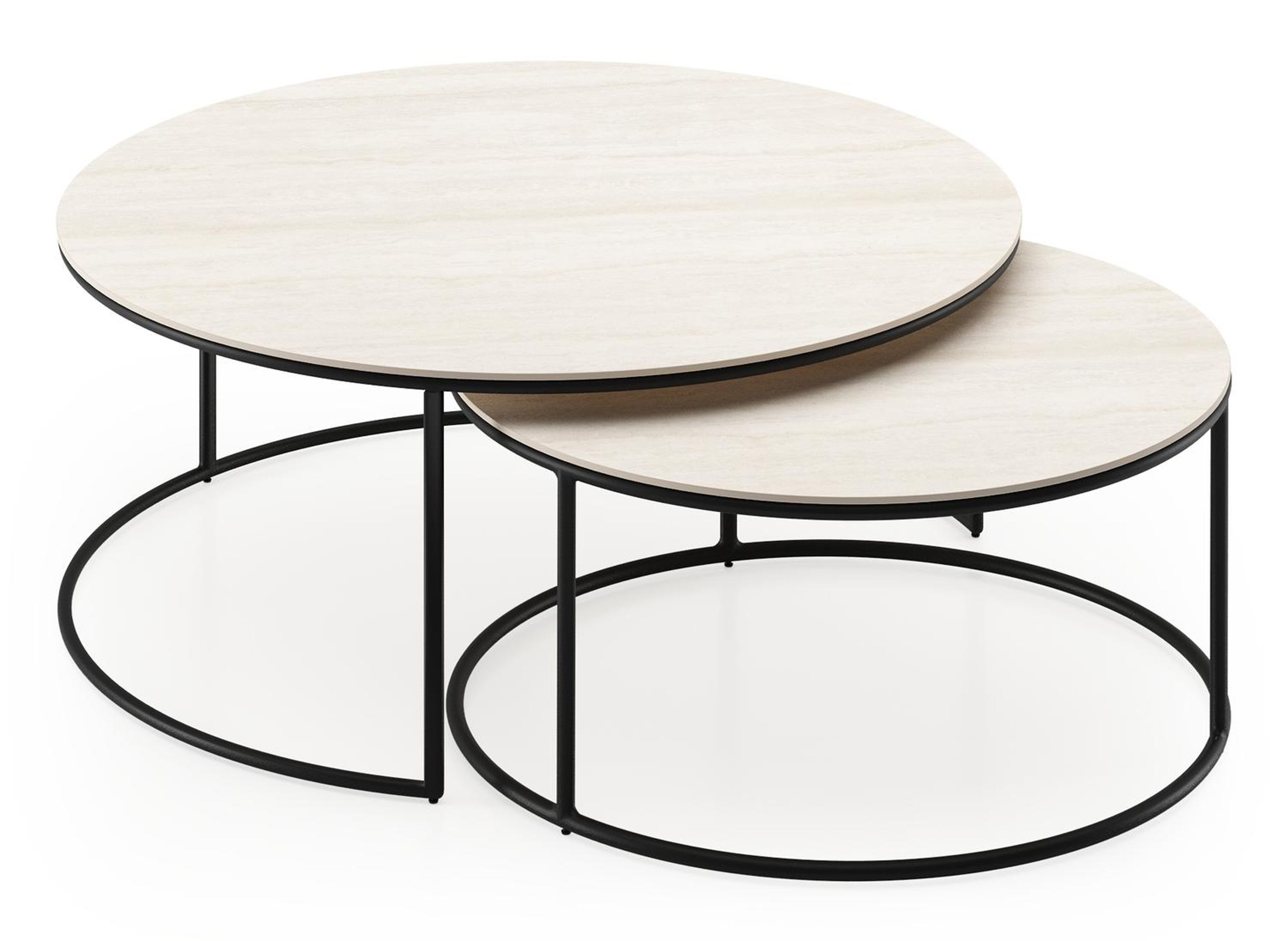 Ensemble de 2 tables d'appoint Fano ronde en aluminium noir et céramique pleine Travertino Bianco - Diam. 85 x Haut. 75 cm