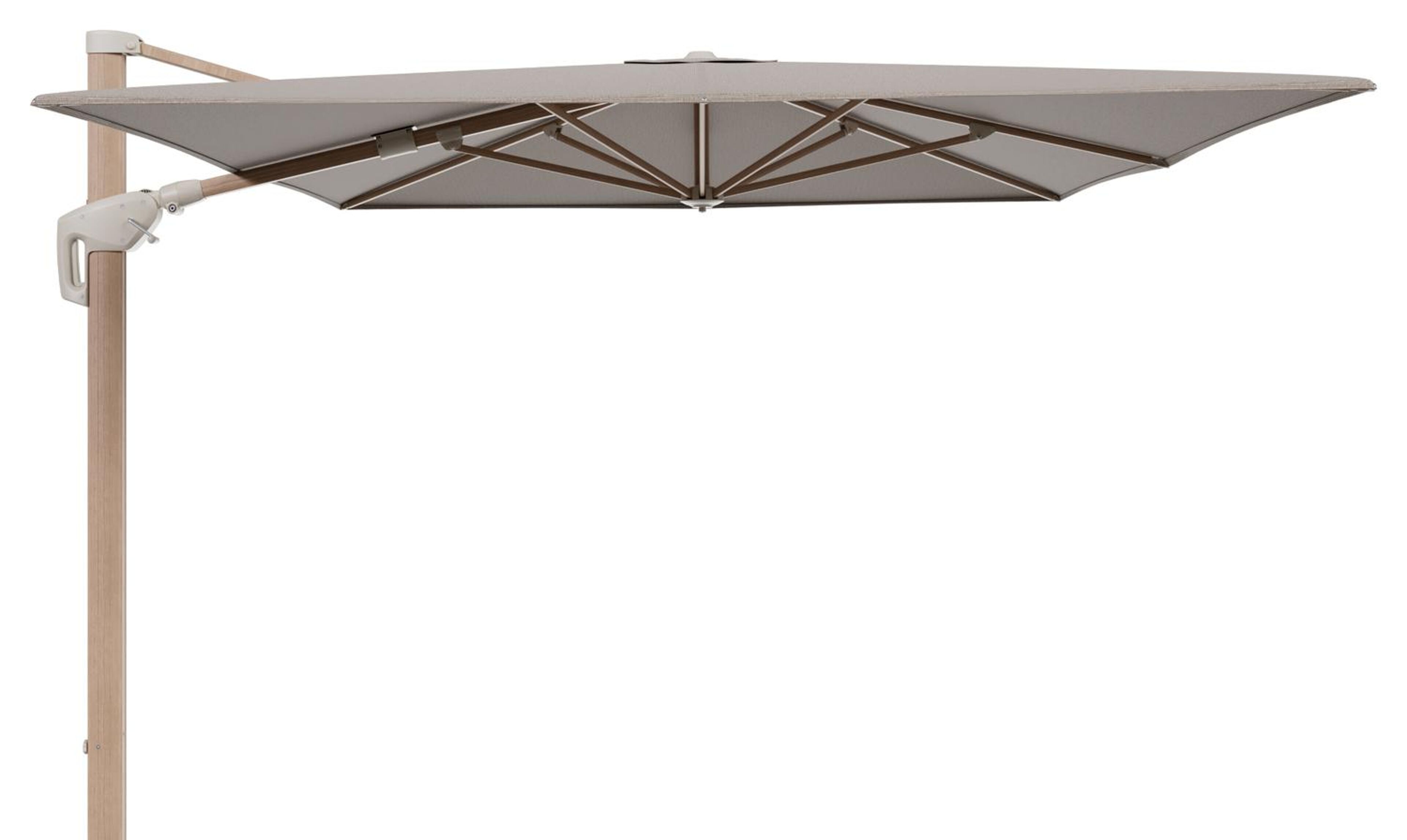 Parasol pendant Minore avec fonction tilt en aluminium aspect de bois et toile de parasol All Weather Solica Firenze Earth - Lg.1 400 x Lg.2 300 cm (sans pied de parasol)