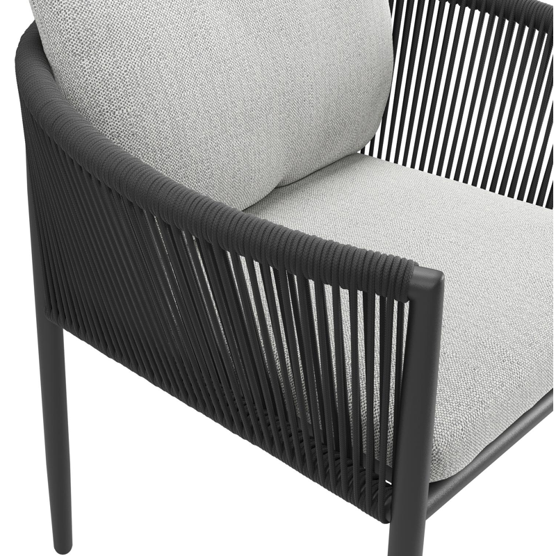 Organo tuinstoel in beige aluminium en beige verticaal geweven ronde rope met stoelkussen in All Weather Sunbrella® Luxe Savane Nimbus