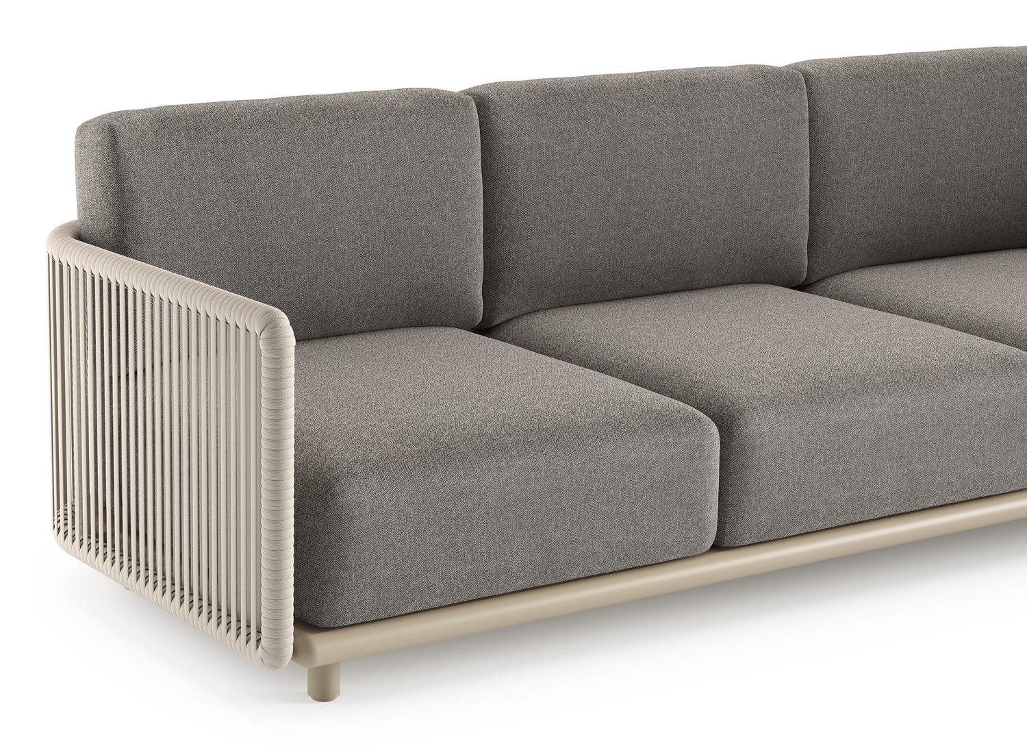 Organo loungebank in beige aluminium en beige verticaal geweven luxe vlakke rope met chartres drizzle all weather Sunbrella® luxe kussen