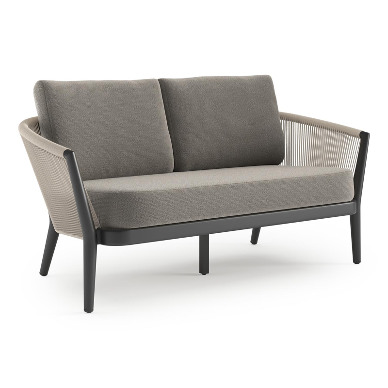 Orso loungebank in zwart aluminium en beige verticaal geweven ronde rope met Lopi Silver all weather sunbrella® luxe kussen