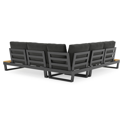 Salon de jardin d'angle Modica en aluminium noir et teck et coussins en weather+ softtouch sky black