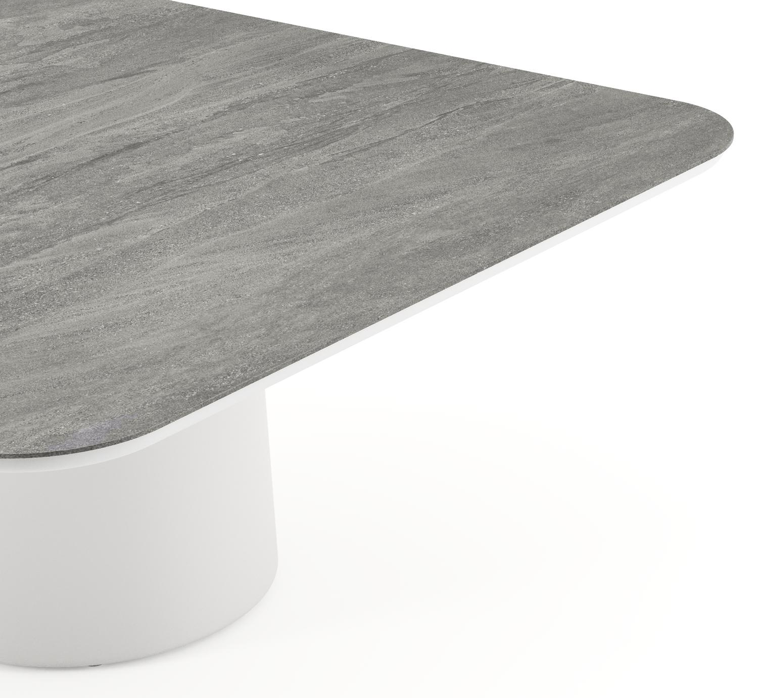 Table de jardin low dining Amico carré arrondi en aluminium blanc et céramique pleine Aspen Grey - Lg. 148 x Lrg. 148 x Haut. 61 cm