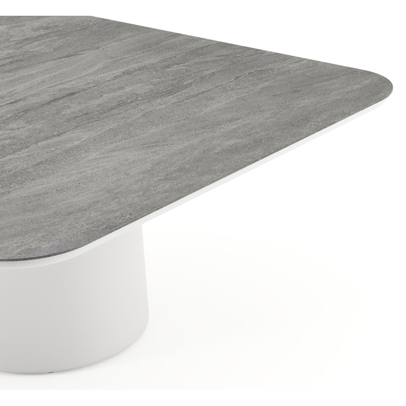 Amico low dining tuintafel afgerond vierkant in wit aluminium en volkeramiek Aspen Grey - L 148 x B 148 x H 61 cm