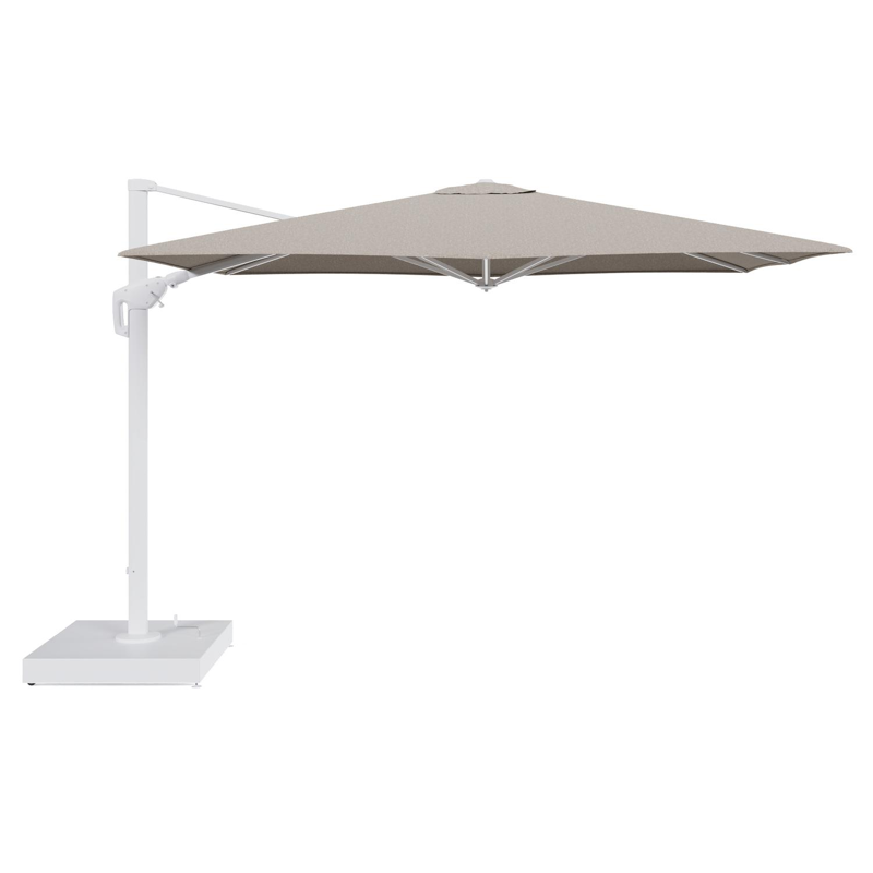 Parasol pendant Minore tilt en aluminium blanc et toile All Weather Sunbrella® Luxe Chartres Pewter - Lg.1: 280 x Lg.2: 370 cm avec pied de parasol Minore 260 kg avec roulettes