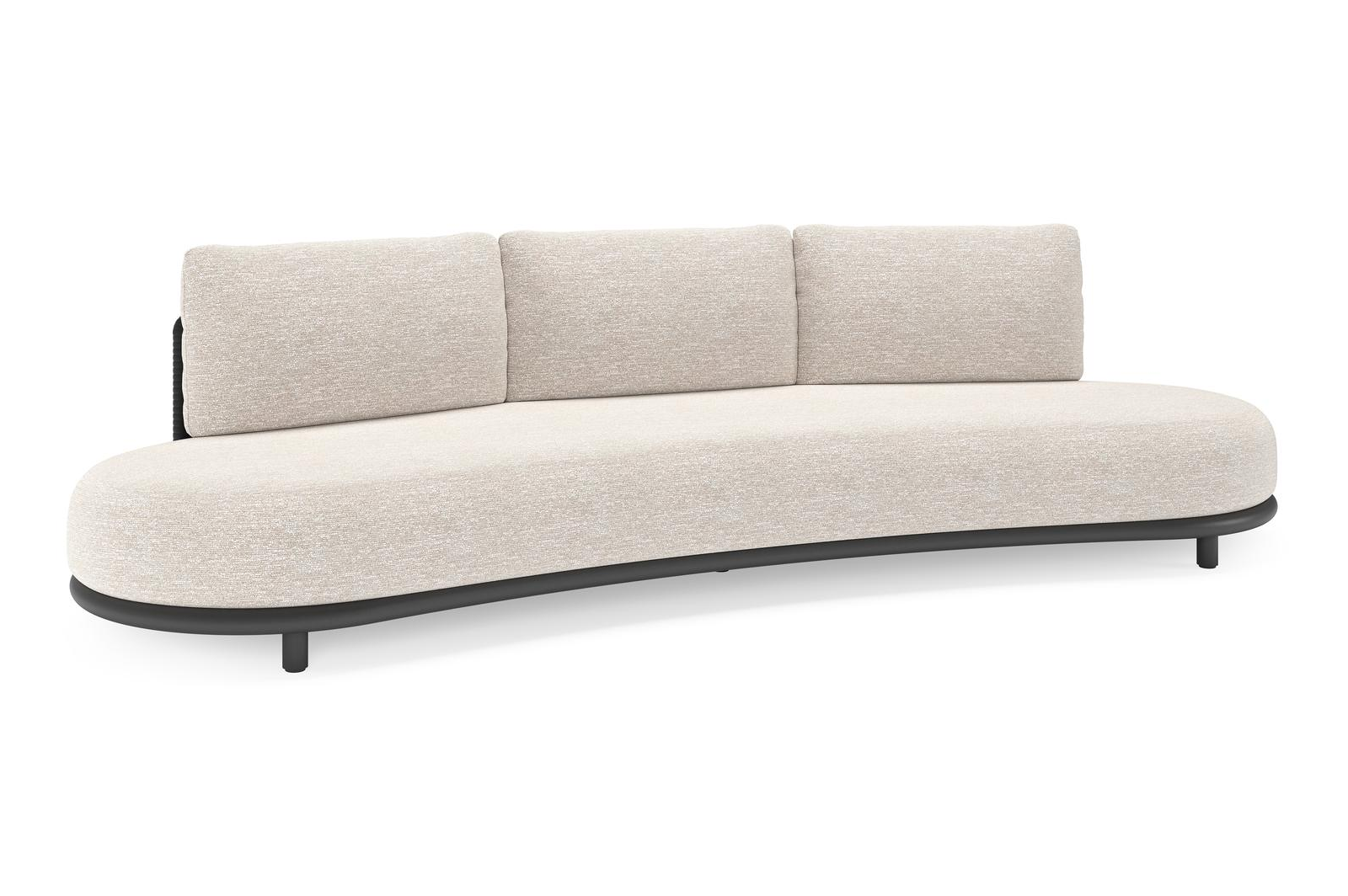 Lomano loungebank in zwart aluminium en zwart verticaal geweven luxe vlakke rope met tundra sand all weather sunbrella® luxe kussen