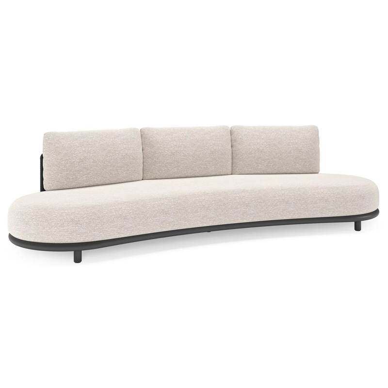 Lomano loungebank in zwart aluminium en zwart verticaal geweven luxe vlakke rope met tundra sand all weather sunbrella® luxe kussen