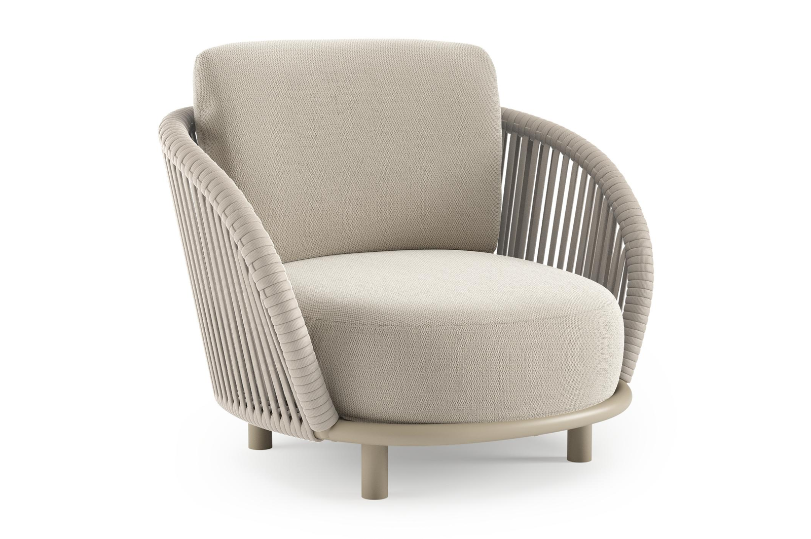 Lupino loungestoel in beige aluminium en beige verticaal geweven luxe vlakke brede rope met lopi marble all weather sunbrella® luxe kussen