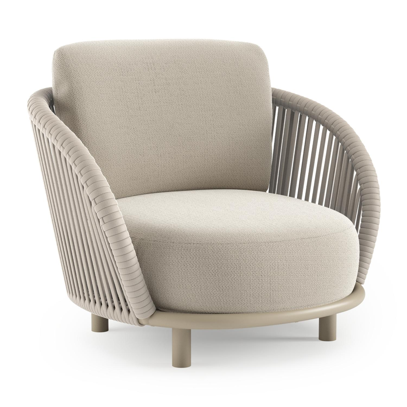 Lupino loungestoel in beige aluminium en beige verticaal geweven luxe vlakke brede rope met lopi marble all weather sunbrella® luxe kussen