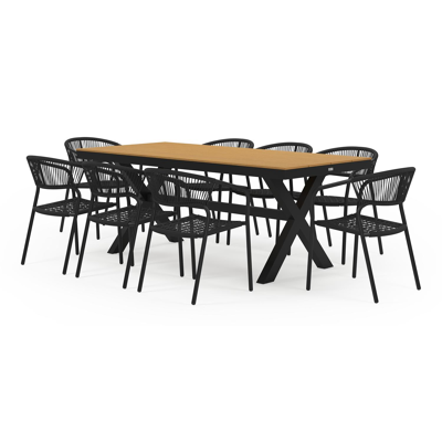 Bahia tuinset in zwart aluminium en naturel polywood tafelblad met 8 stapelbare Vigo tuinstoelen