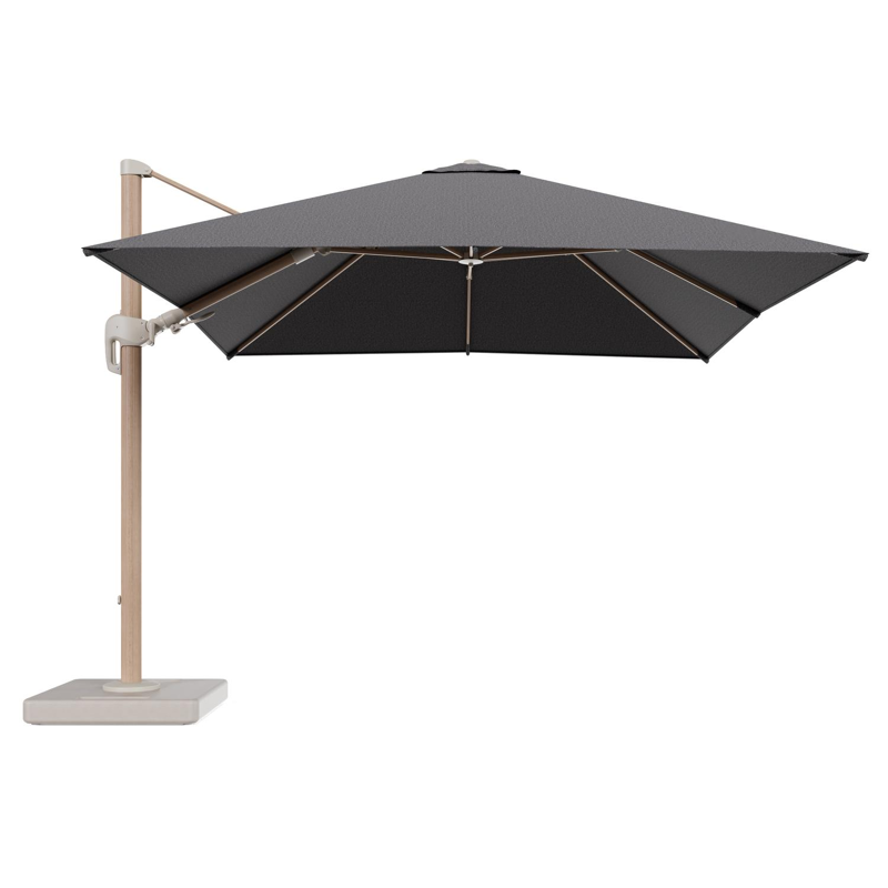 Parasol pendant Rufina avec fonction tilt en aluminium aspect de bois et toile de parasol en All Weather Solica Firenze Tunder - Lg.1 300 x Lg.2 300 cm avec pied de parasol Lapido 160 kg