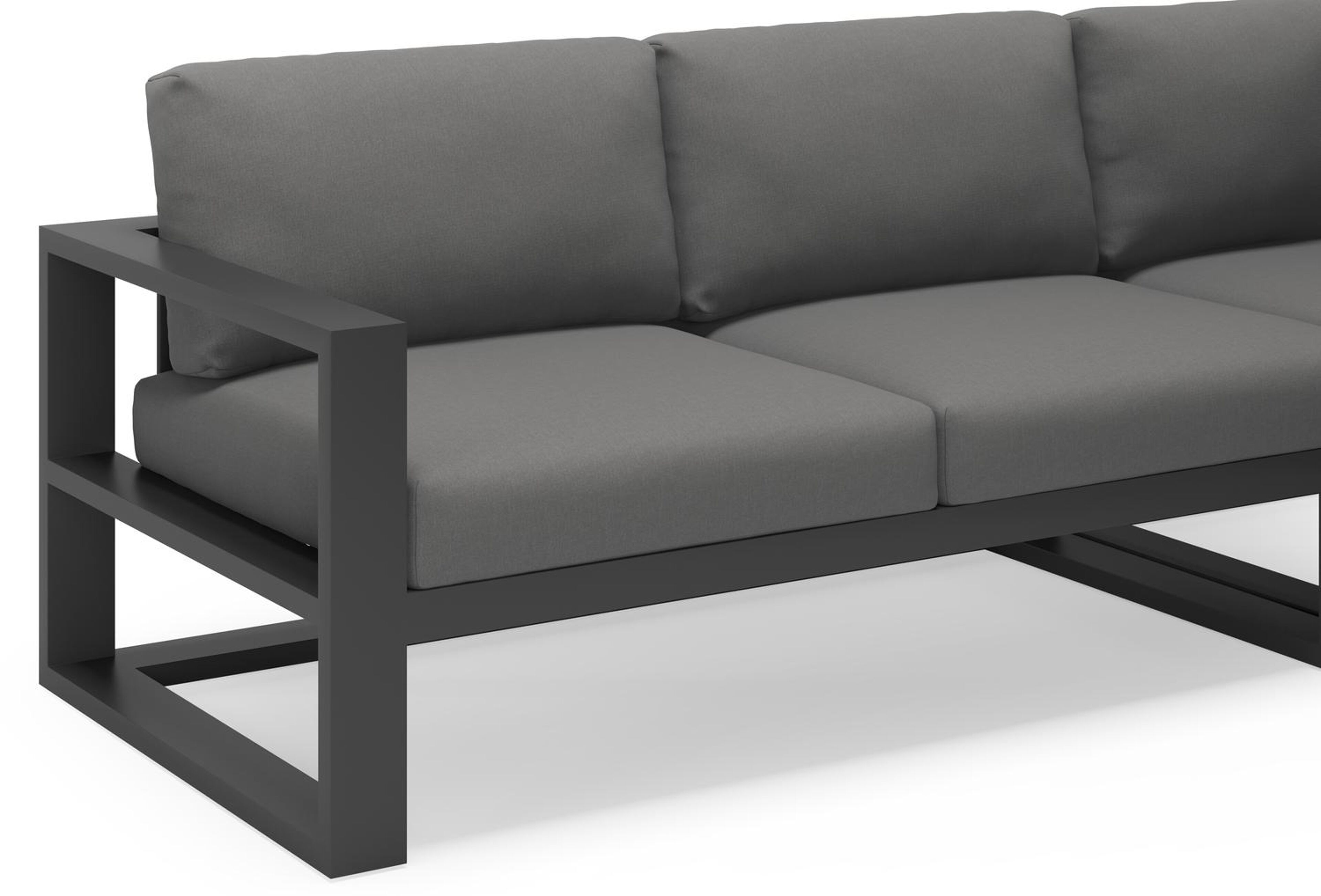 Verato loungehoek in zwart aluminium met natte charcoal chine all weather sunbrella® luxe kussens