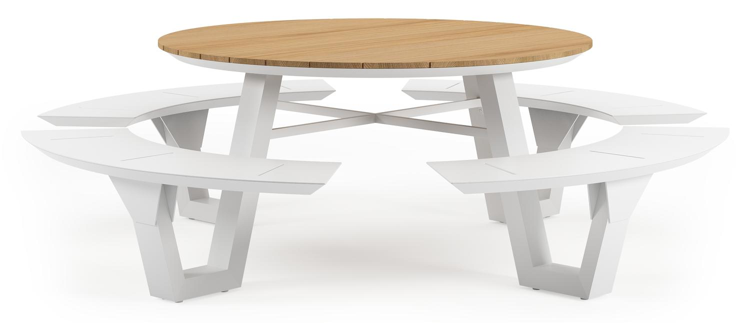 Rondino picknicktafel in wit aluminium en teak tafelblad - Ø 236 x H 71,5 cm