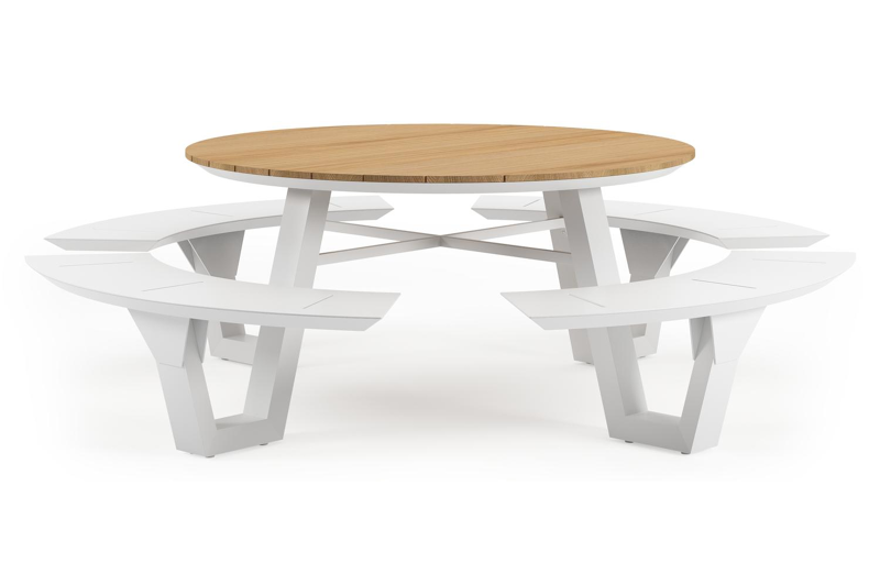 Rondino picknicktafel in wit aluminium en teak tafelblad - Ø 236 x H 71,5 cm