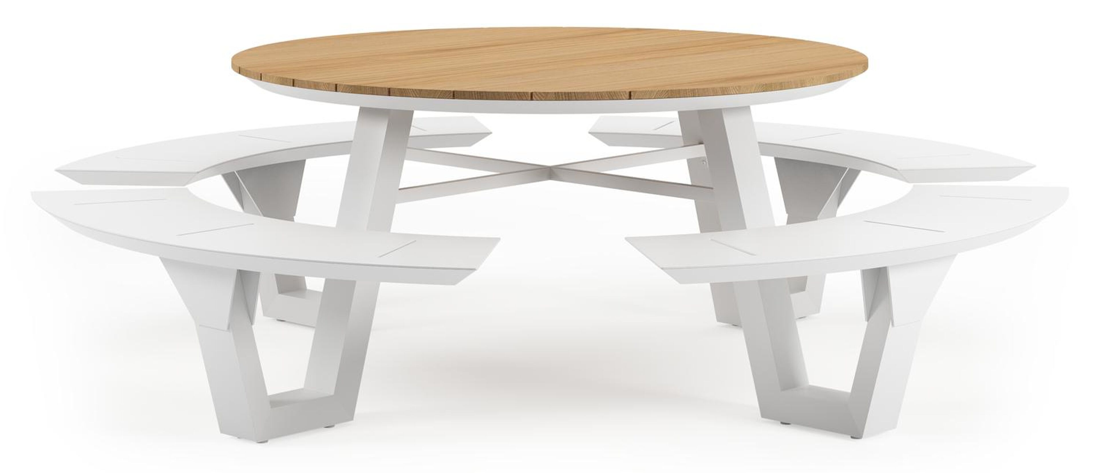 Table de pique-nique Rondino en aluminium blanc et teck - Dia. 236 x H 71,5 cm