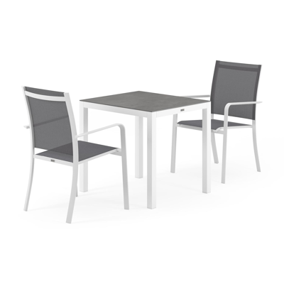 Feltro tuinset in wit aluminium en grijs volkeramiek tafelblad met 2 stapelbare Calobra tuinstoelen