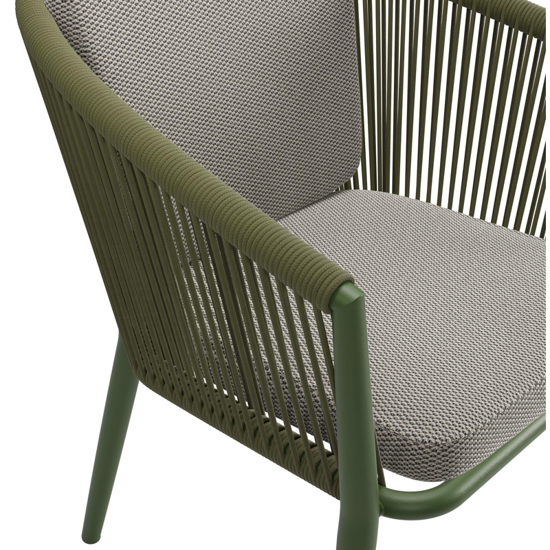 Orso tuinstoel in groen aluminium en groen verticaal geweven ronde rope met zitkussen in All Weather Sunbrella® Luxe Lopi Charcoal