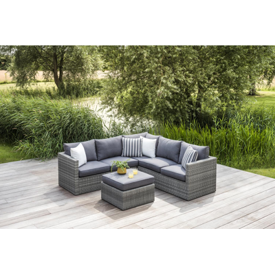 Salon de jardin d'angle Gio en résine tresée blanc-gris et aluminium avec coussin en gris et table basse