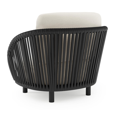 Lupino loungestoel in zwart aluminium en zwart verticaal geweven luxe vlakke brede rope met natte white all weather sunbrella® luxe kussen