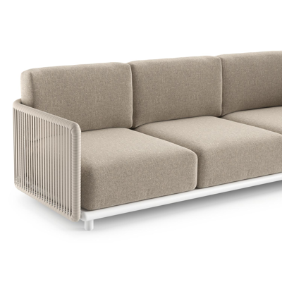 Organo loungehoek in wit aluminium en beige verticaal geweven luxe vlakke rope met chartres pewter all weather sunbrella® luxe kussens