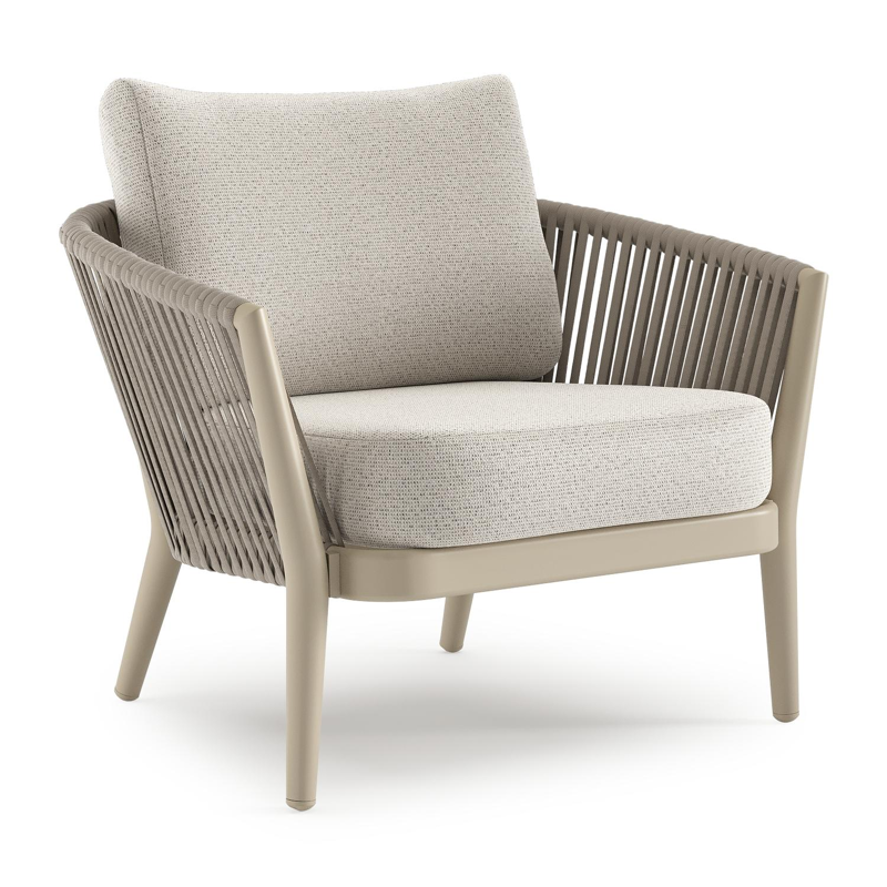 Fauteuil de jardin Orso en aluminium beige en corde luxe plate tissée verticalement beige et coussins en all weather solica Firenze Natural
