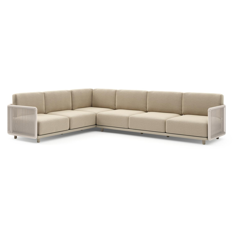 Organo loungehoek in beige aluminium en beige verticaal geweven luxe vlakke rope met althea camel all weather Cosytica kussen