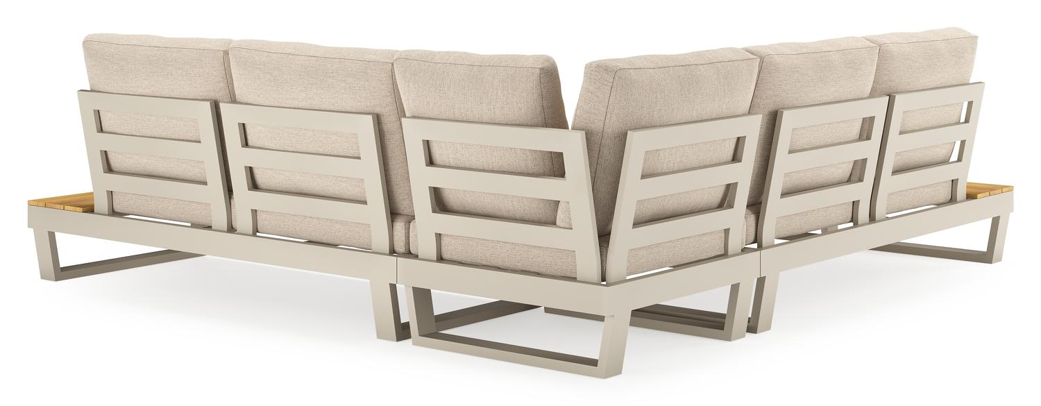 Modica loungehoek in beige aluminium en teak met rustic weather+ softtouch kussens