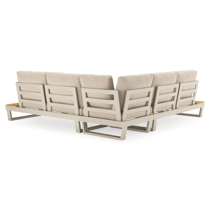 Modica loungehoek in beige aluminium en teak met rustic weather+ softtouch kussens