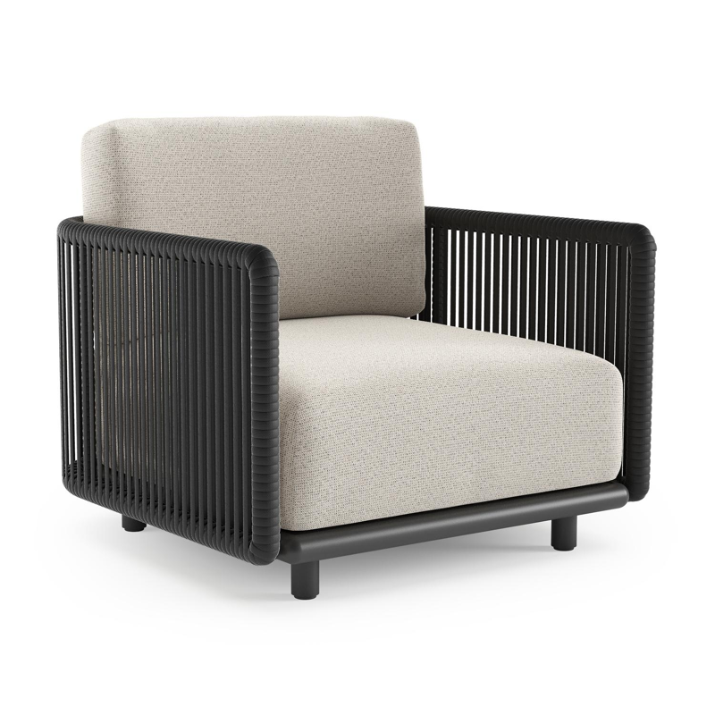 Fauteuil de jardin Organo en aluminium noir et corde luxe plate tissée verticalement noir et coussin en all weather Solica firenze natural