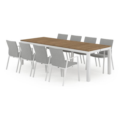 Varese tuinset in wit aluminium en naturel teak tafelblad met 8 stapelbare Madura tuinstoelen