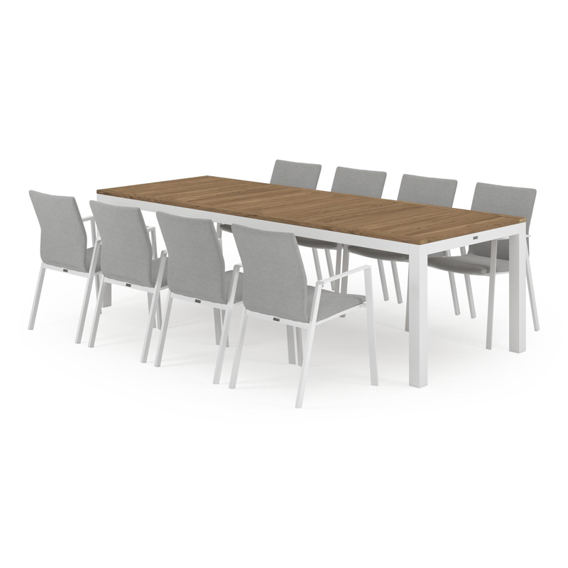 Varese tuinset in wit aluminium en naturel teak tafelblad met 8 stapelbare Madura tuinstoelen