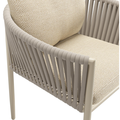 Organo tuinstoel in beige aluminium en beige verticaal geweven luxe vlakke rope met zitkussen in All Weather Cosytica Althea Camel