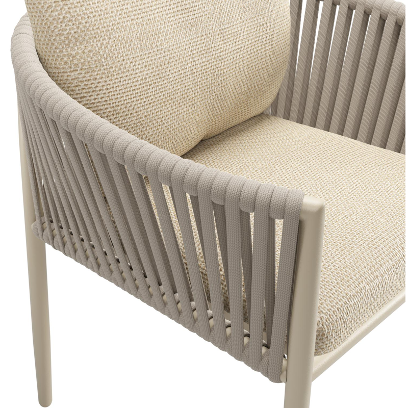 Organo tuinstoel in beige aluminium en beige verticaal geweven luxe vlakke rope met zitkussen in All Weather Cosytica Althea Camel
