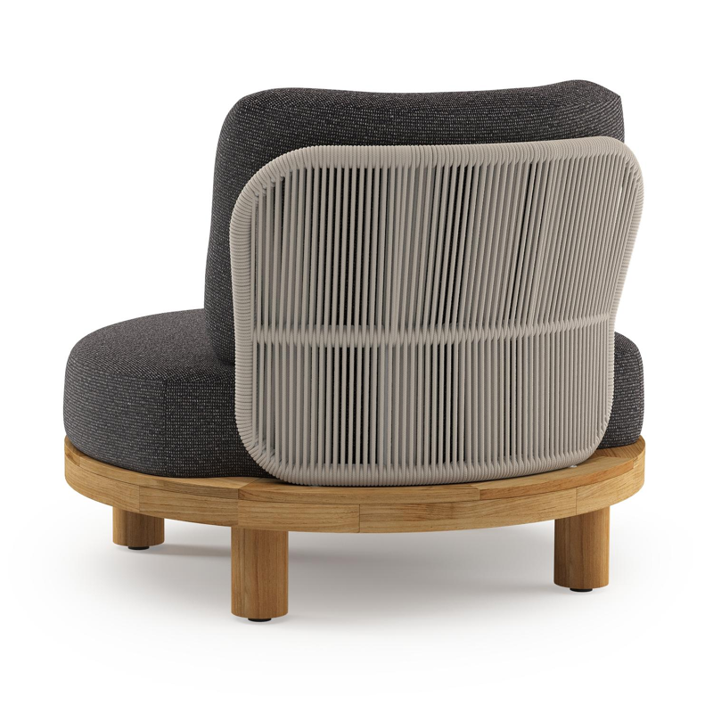 Donato loungestoel in teak en beige verticaal geweven ronde rope met all weather solica Firenze Tunder kussen