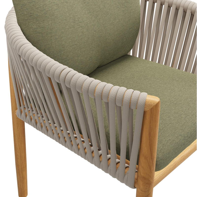 Organo tuinstoel in teak en beige verticaal geweven luxe vlakke rope met zitkussen in All Weather Sunbrella® Luxe Heritage Leaf