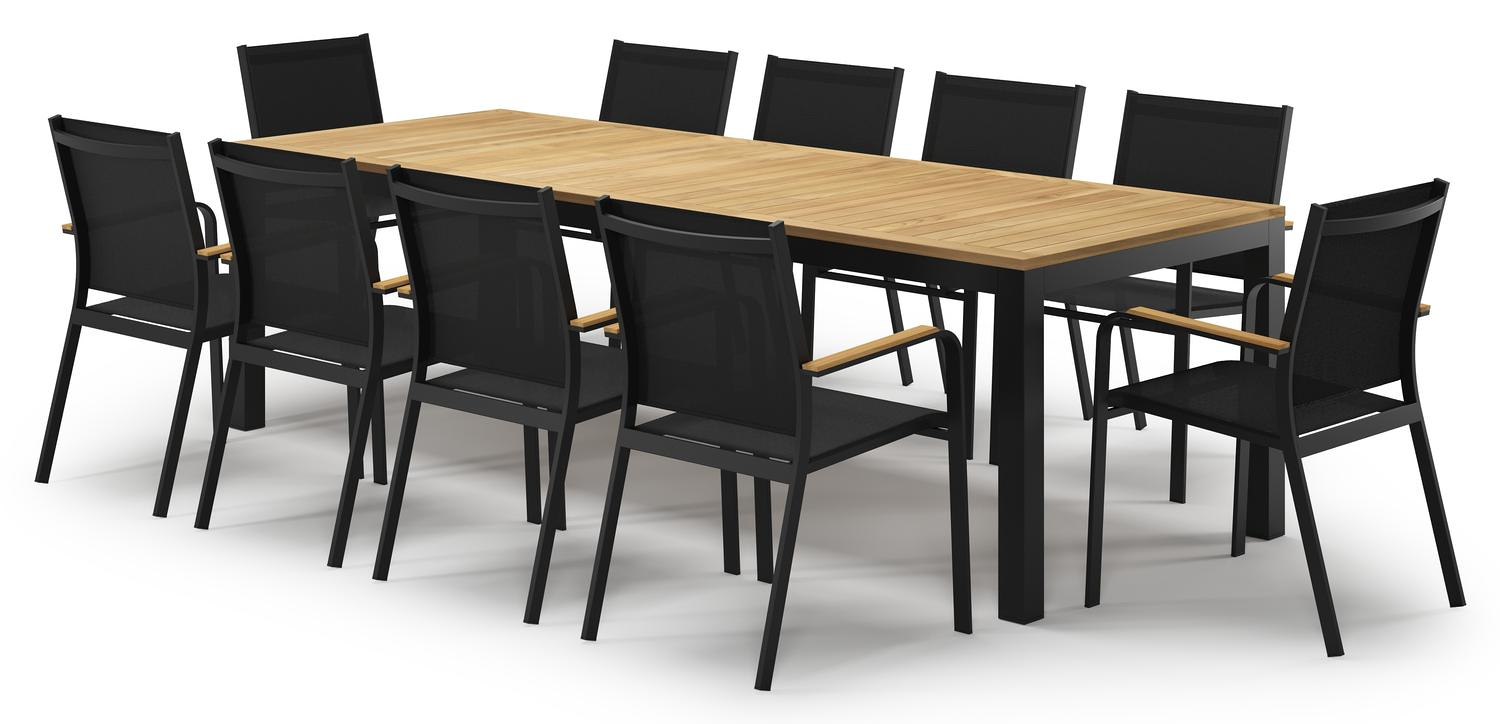 Varese tuinset in zwart aluminium en naturel teak tafelblad met 10 stapelbare Amalfi tuinstoelen